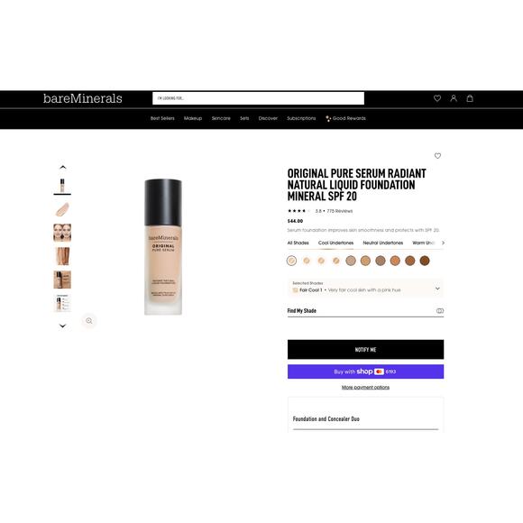 Bare Minerals Original Pure Serum Radiant Natural Liquid Foundation Fair Cool 1 - Picture 3 of 10